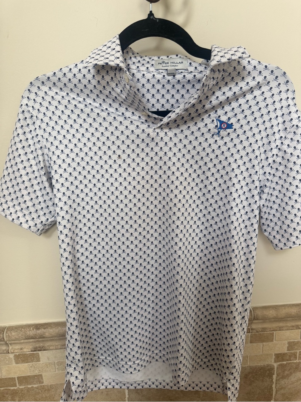 Peter Millar Boys White & Navy Micro-Print Performance Polo Shirt